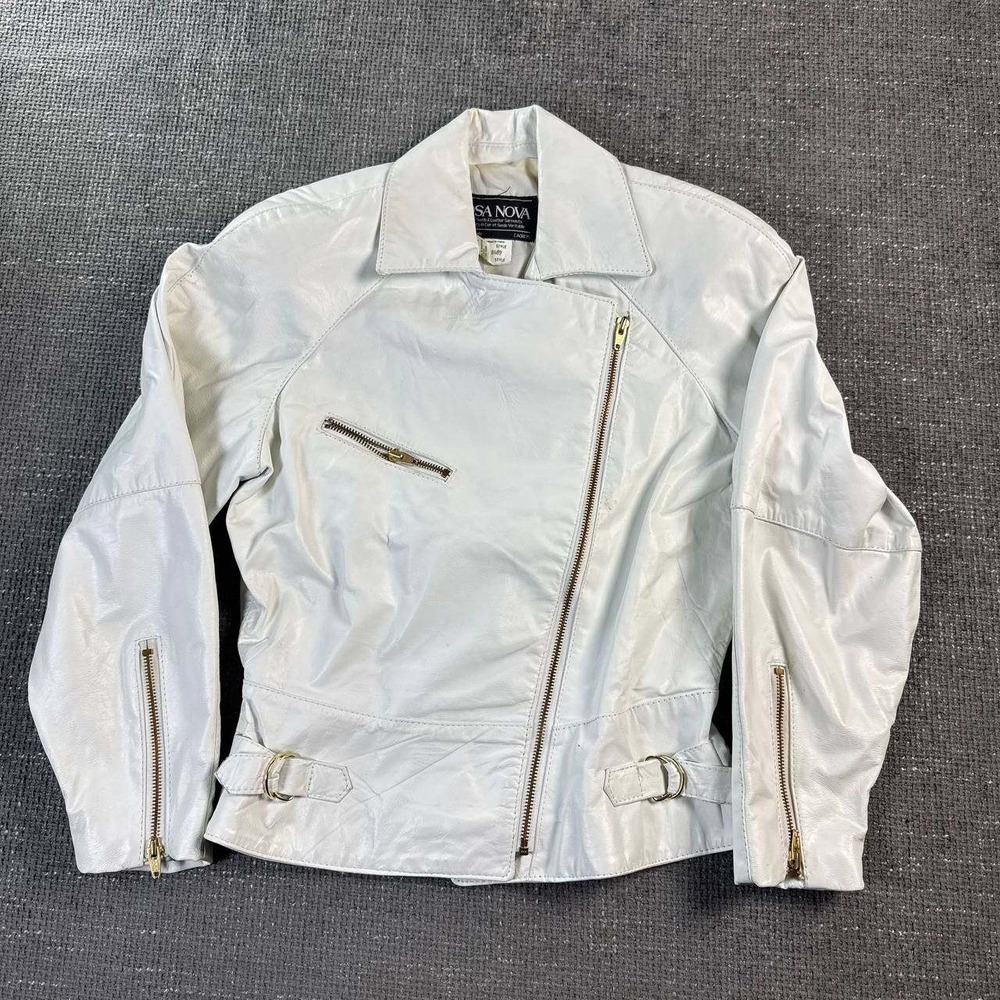 Cosa Nova Vintage Leather Moto Jacket Women Medium White Asymmetrical Zip Y2K